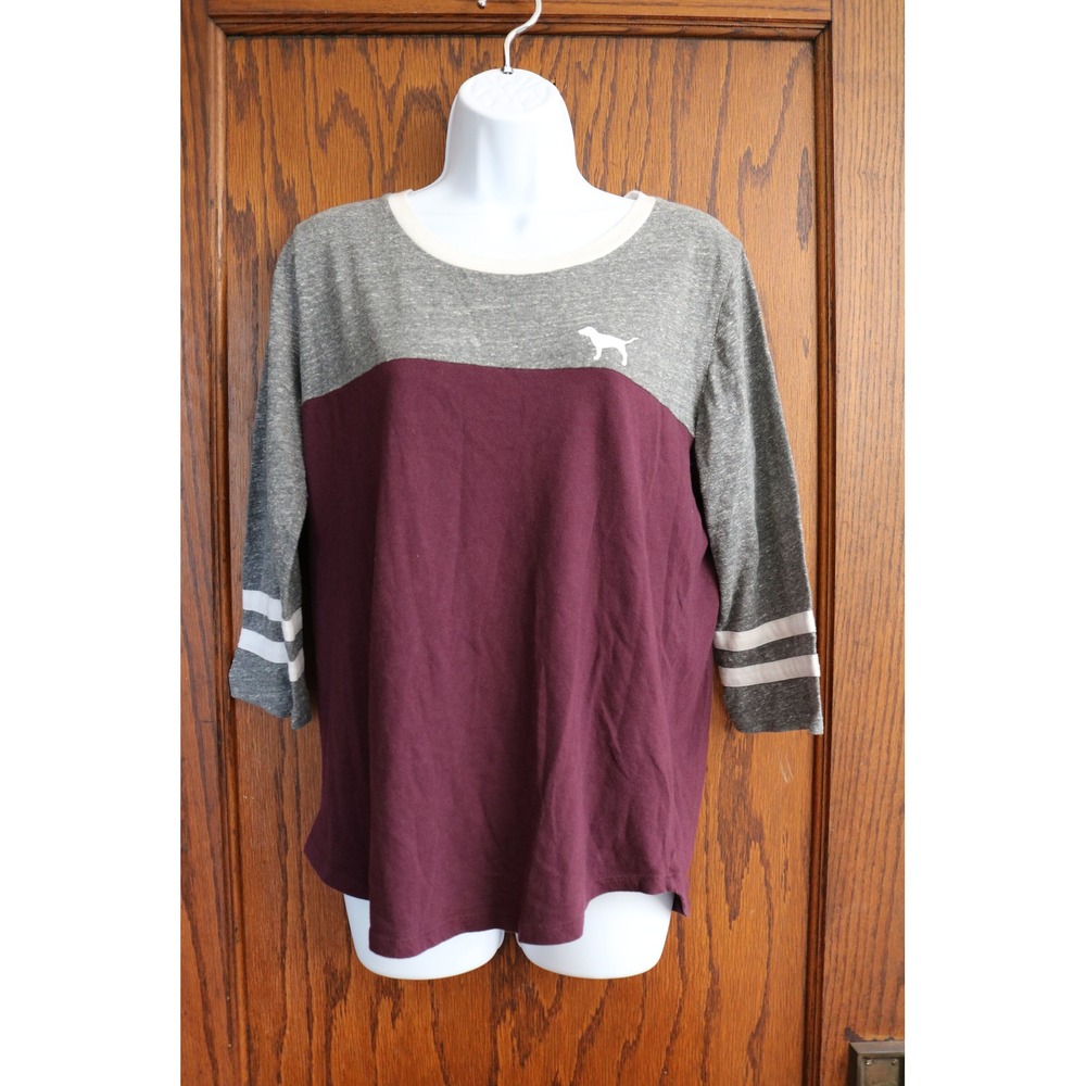 PINK VICTORIAS SECRET Shirt Women Large Purple Gray Varsity Stripes Colorblock